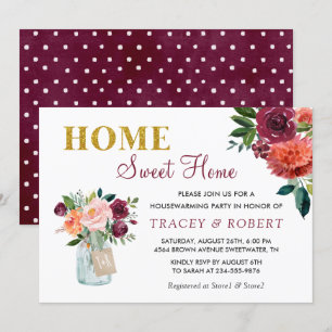 Burgundy Floral Home Sweet Home Housewarming Invitation