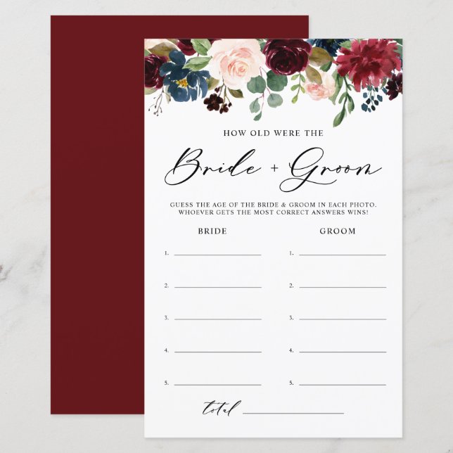 Burgundy Floral How Old Were Bride and Groom Game (Front/Back)