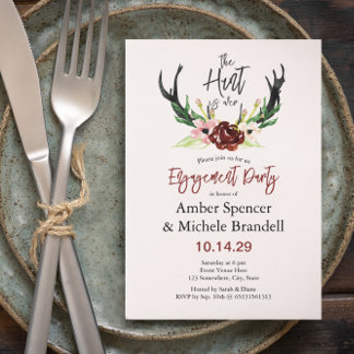 © Burgundy Floral Hunt is Over Engagement Party Invitation