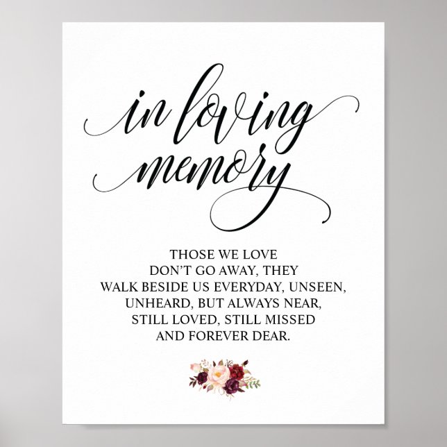 Burgundy floral In Loving Memory Memorial Sign (Front)