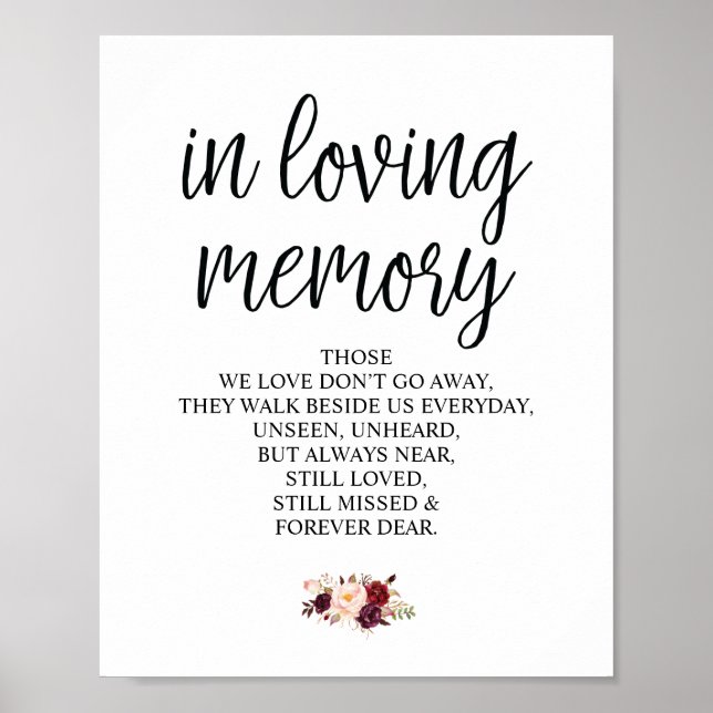 Burgundy floral In Loving Memory Memorial Sign (Front)