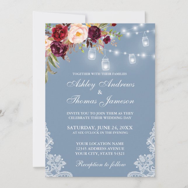 Burgundy Floral Jar Lights Lace Dusty Blue Wedding Invitation (Front)