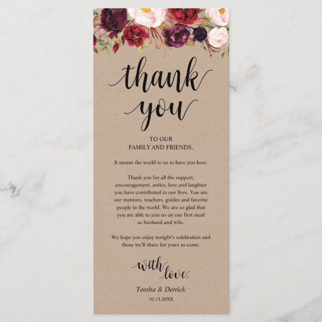 Burgundy Floral Kraft Place Setting Thank You Card (Front)