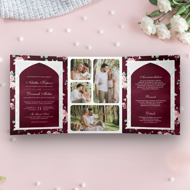 Burgundy Floral Lace All in One Indian Wedding Tri-Fold Invitation (Creator Uploaded)