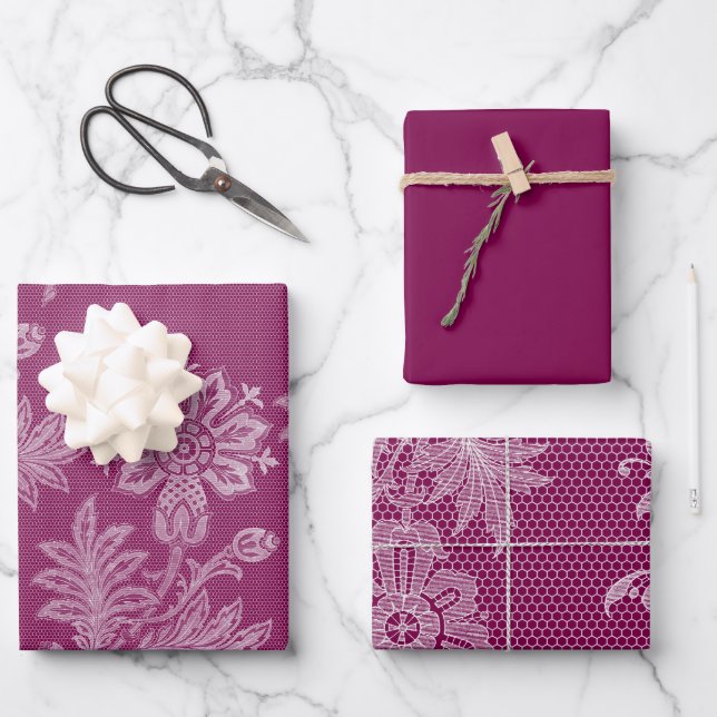 Burgundy Floral Lace Bridal Shower Wrapping Paper Sheet (Front)