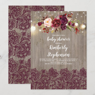 Burgundy Floral Lace Rustic Baby Shower Invitation