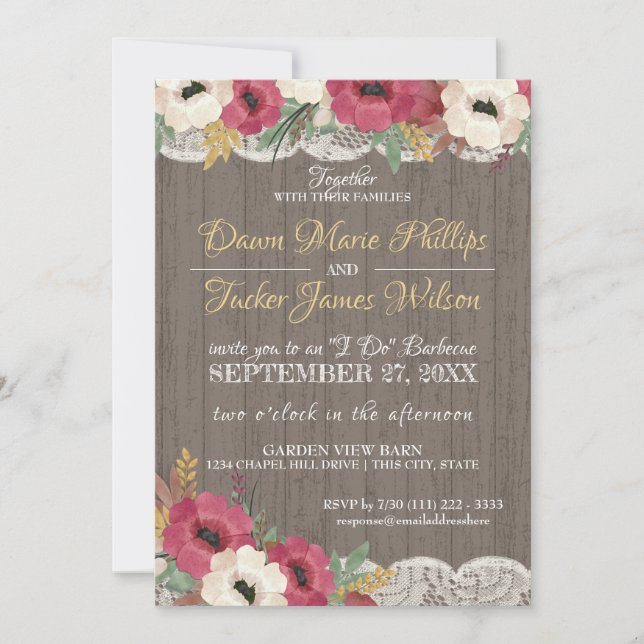 Burgundy Floral Lace Rustic BBQ Wedding Reception Invitation (Front)