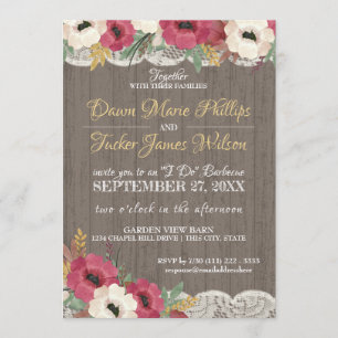 Burgundy Floral Lace Rustic BBQ Wedding Reception Invitation