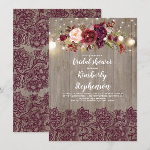 Burgundy Floral Lace Rustic Bridal Shower Invitation