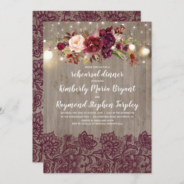 Burgundy Floral Lace Rustic Rehearsal Dinner Invitation (Front/Back)