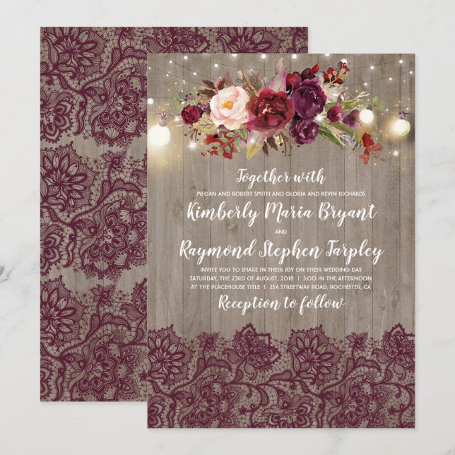 Burgundy Floral Lace Rustic Wedding Invitation (Front/Back)