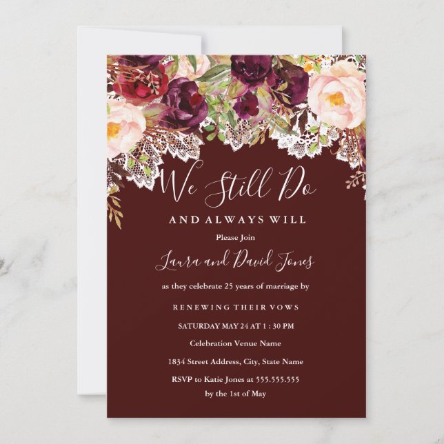 Burgundy Floral Lace Wedding Vow Renewal Invitation (Front)