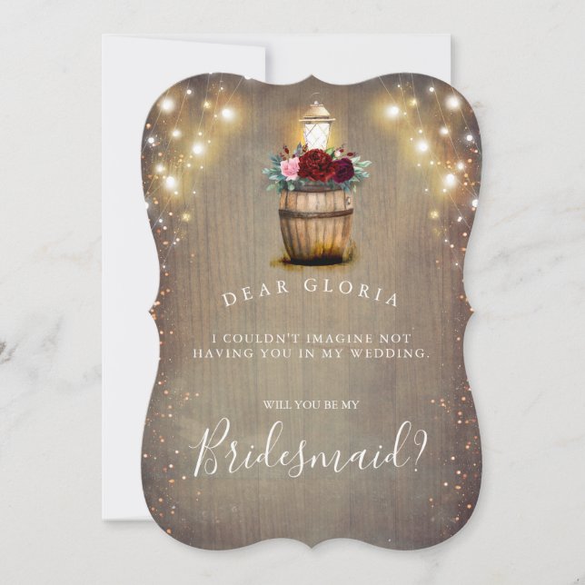 Burgundy Floral Lantern Rustic Bridesmaid Proposal Invitation (Front)