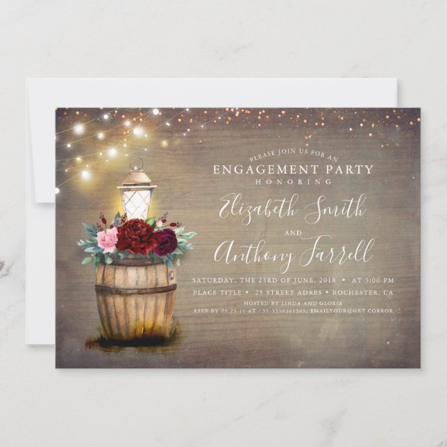 Burgundy Floral Lantern Rustic Engagement Party Invitation (Front)