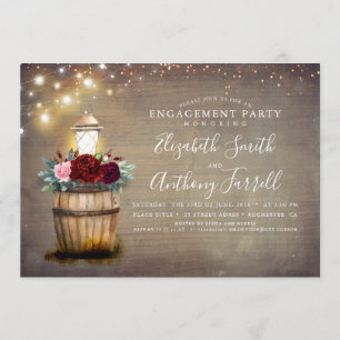 Burgundy Floral Lantern Rustic Engagement Party Invitation