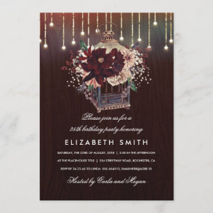 Burgundy Floral Lantern Rustic Fall Birthday Party Invitation