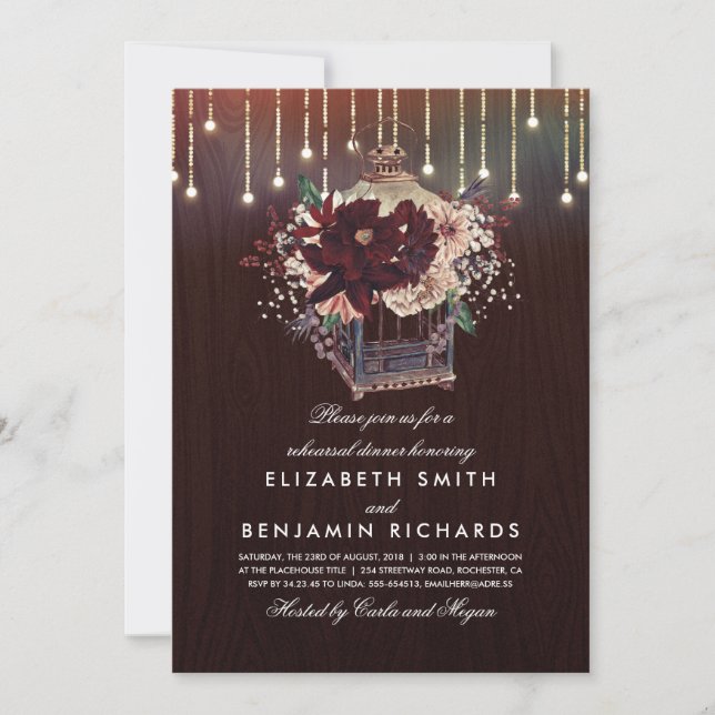 Burgundy Floral Lantern Rustic Rehearsal Dinner Invitation (Front)