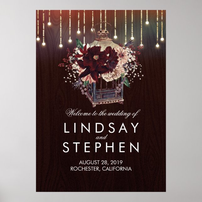 Burgundy Floral Lantern Wedding Welcome Sign (Front)