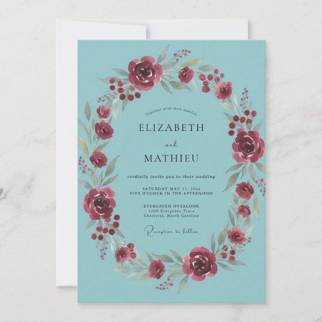 Burgundy Floral Laurel Wedding Invitation (Front)