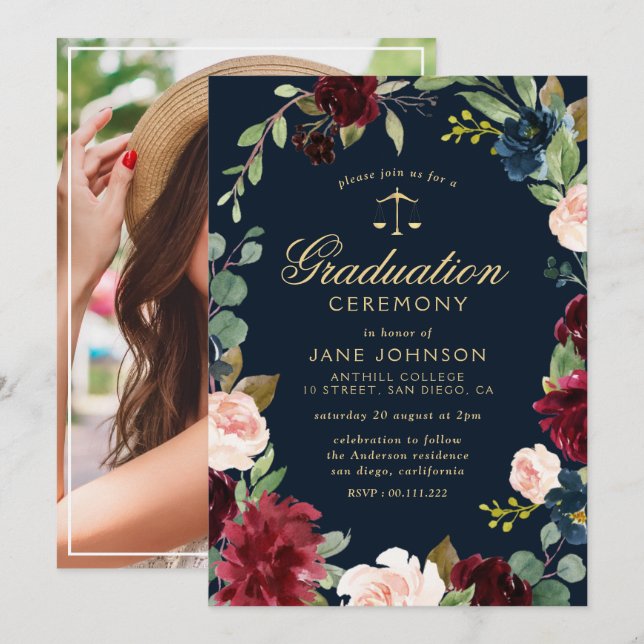 burgundy floral law school graduation ceremony invitation (Front/Back)