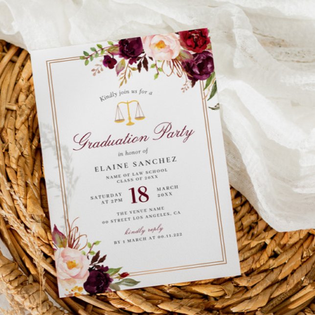 Burgundy floral law school graduation party invitation (Creator Uploaded)