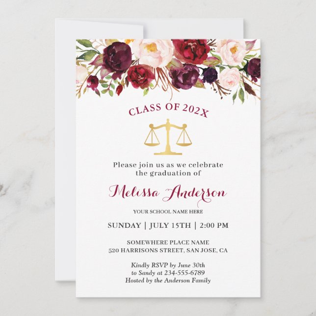 Burgundy Floral Law School Graduation Party Invitation (Front)