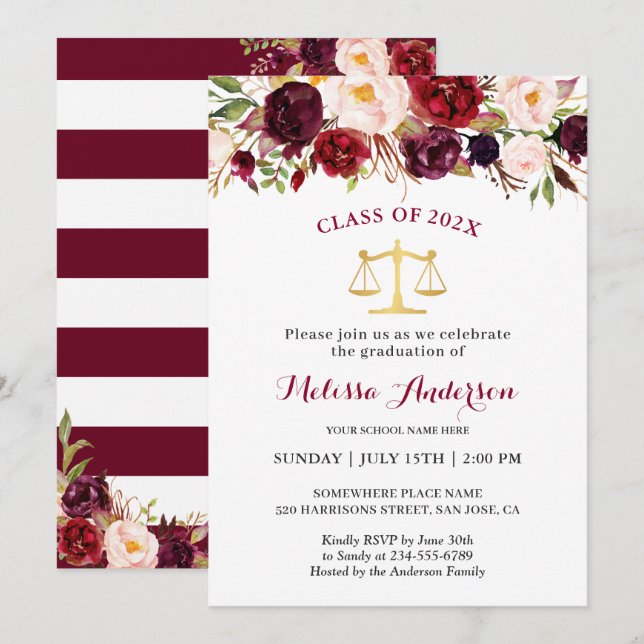 Burgundy Floral Law School Graduation Party Invitation (Front/Back)