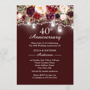 Burgundy Floral Lights 40th Wedding Anniversary Invitation