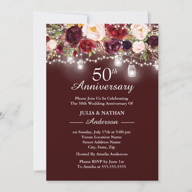 Burgundy Floral Lights 50th Wedding Anniversary Invitation (Front)