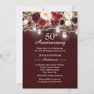 Burgundy Floral Lights 50th Wedding Anniversary Invitation