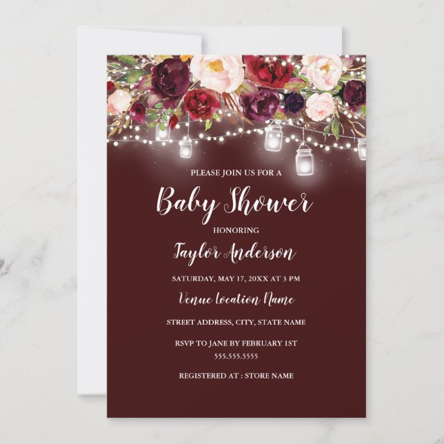 Burgundy Floral Lights Baby Shower Invitation (Front)