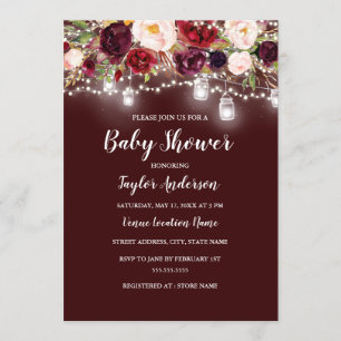 Burgundy Floral Lights Baby Shower Invitation