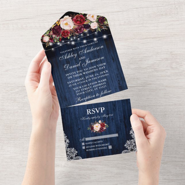 Burgundy Floral Lights Lace Blue Wood Wedding All In One Invitation (Tearaway)