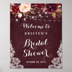 Burgundy Floral Lights Lace Bridal Shower Sign