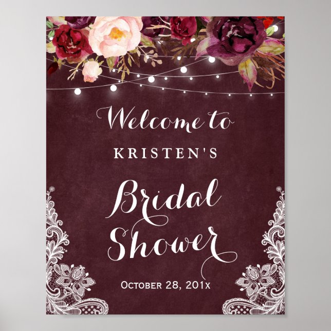 Burgundy Floral Lights Lace Bridal Shower Sign (Front)