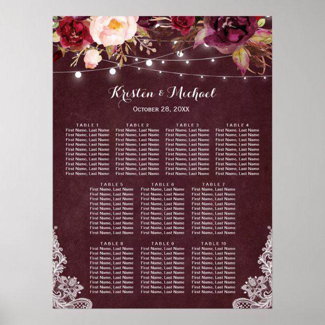 Burgundy Floral Lights Lace Wedding Seating Chart (Front)