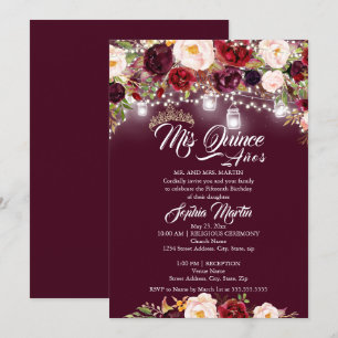 Burgundy Floral Lights Mis Quince Quinceanera  Invitation