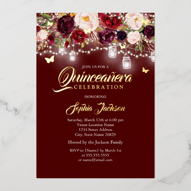 Burgundy Floral Lights Quinceanera  (Front)