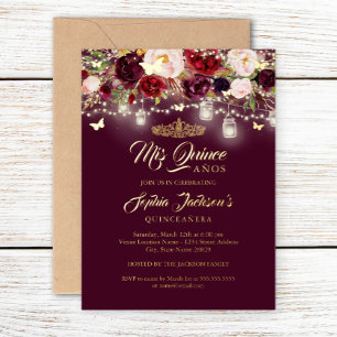 Burgundy Floral Lights Quinceanera Foil Invitation