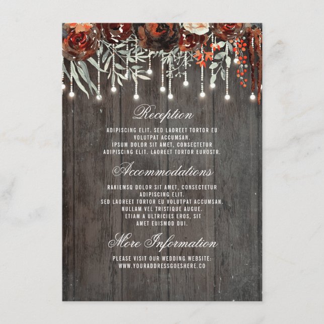 Burgundy Floral Lights Wedding Information Guest Enclosure Card (Front)