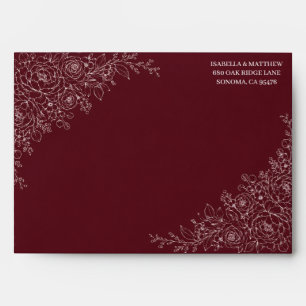 Burgundy Floral Line Art Wedding Envelope