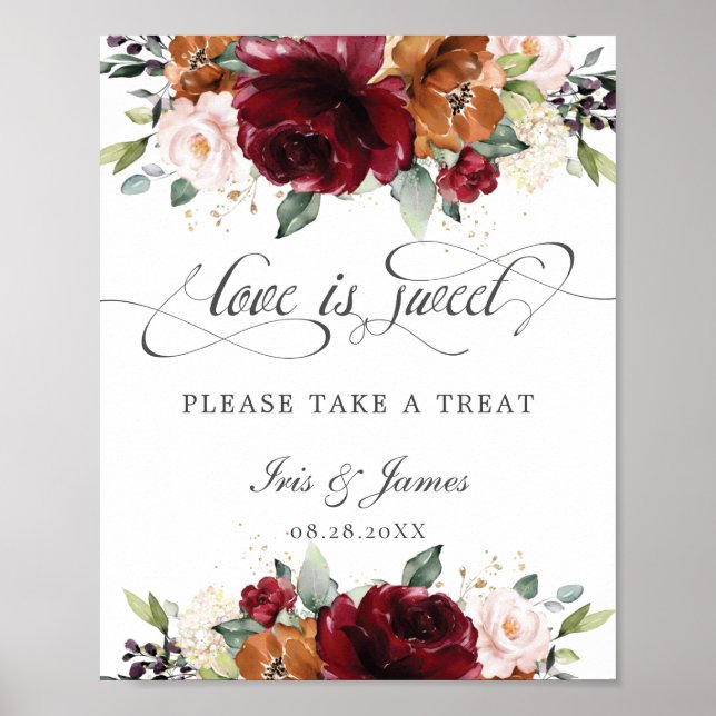 Burgundy Floral Love is Sweet Take a Treat Sign (Front)