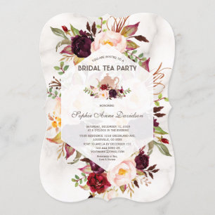 Burgundy Floral Marble Bridal Shower Tea Party Invitation