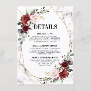 Burgundy Floral Marble Geometric Wedding Details Enclosure Card