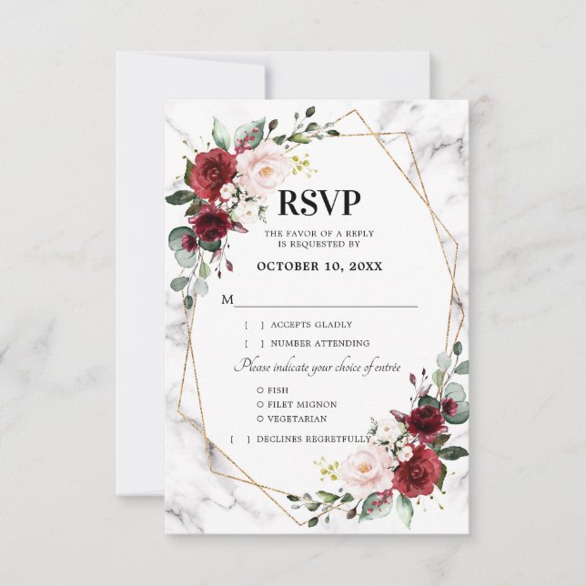 Burgundy Floral Marble Geometric Wedding RSVP Card (Front)