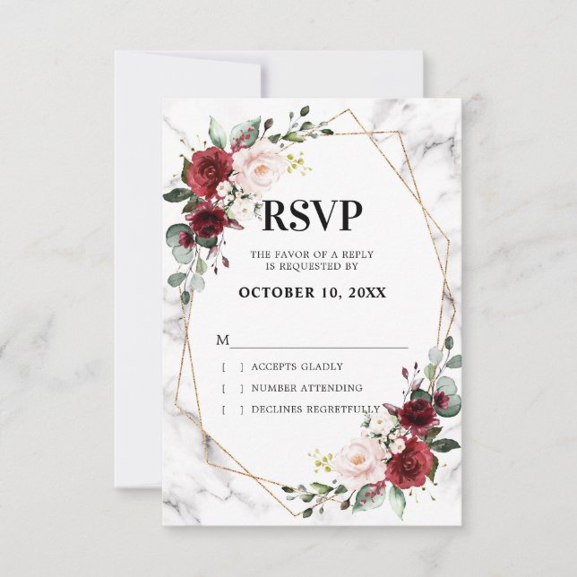 Burgundy Floral Marble Geometric Wedding RSVP Card (Front)