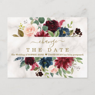 Burgundy Floral Marble Wedding Postponed New Plan Postcard