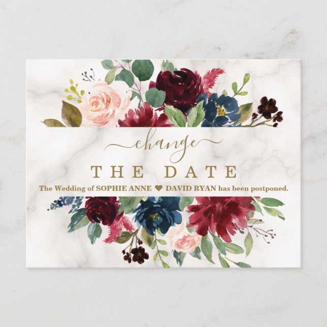 Burgundy Floral Marble Wedding Postponed New Plan Postcard (Front)