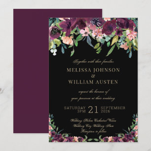 Burgundy Floral Marsala Black Wedding Invitation