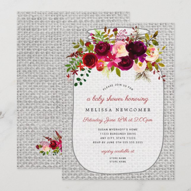Burgundy floral mason jar baby shower invitation (Front/Back)